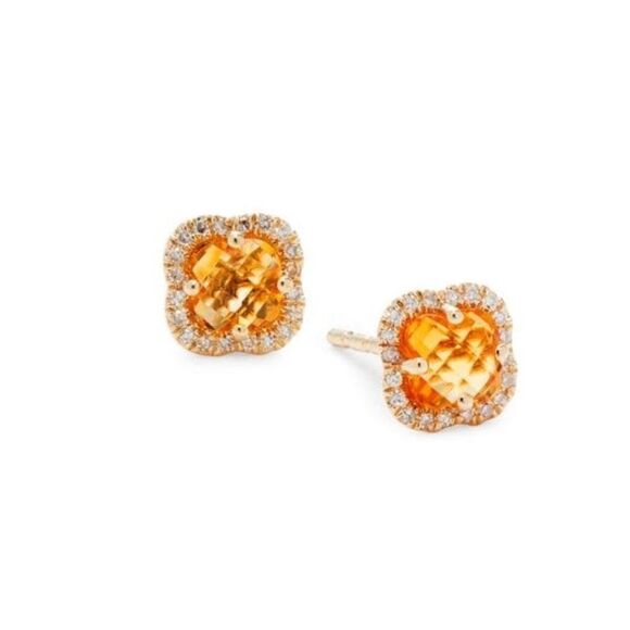 EFFY | 14K Yellow Gold, Citrine & Diamond Clover Stud Earrings Retail $1,305 - Picture 1 of 2